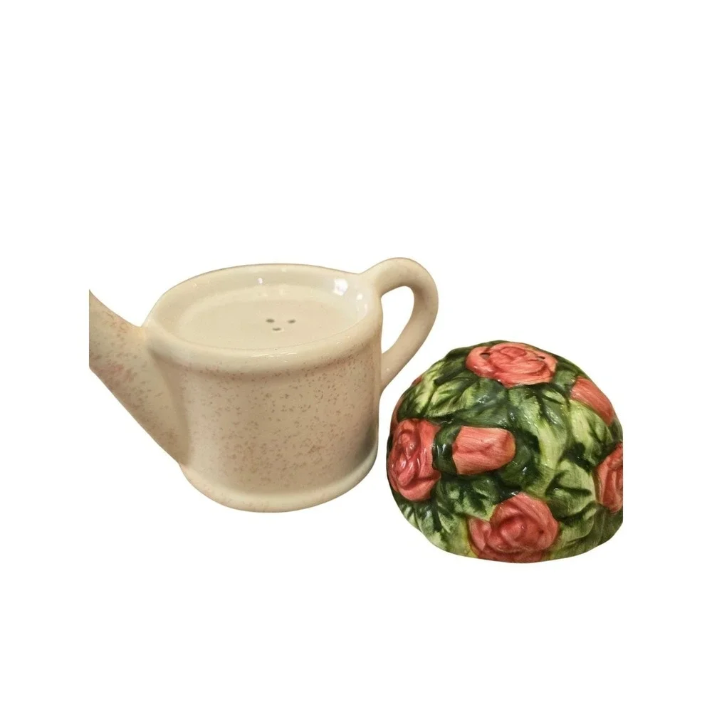 Vintage Nesting Ceramic Watering Can & Flowers Bush Salt And Pepper Shaker Set